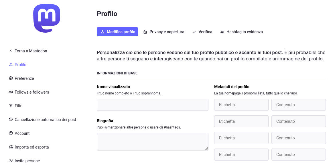 impostazioni Mastodon
